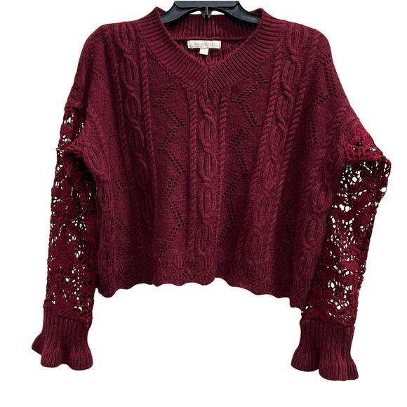 Sweaterland Sweaters - Burgundy red Whimsigoth festival lace sleeve cable knit oversized sweater Sz S
